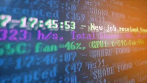 Mining Cryptocurrency process program on display PC. Using Software. Share Found Stock Photos