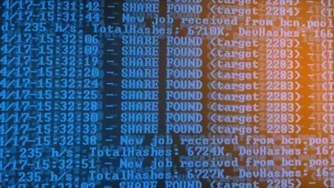 Mining Cryptocurrency process program on display PC. Using Software. Share Found Stock-Fotos