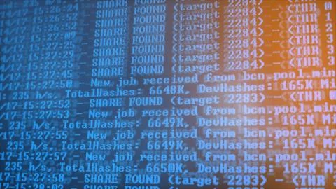 Mining Cryptocurrency process program on display PC. Using Software. Share Found Stock Photos