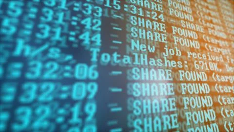 Mining Cryptocurrency process program on display PC. Using Software. Share Found 写真素材