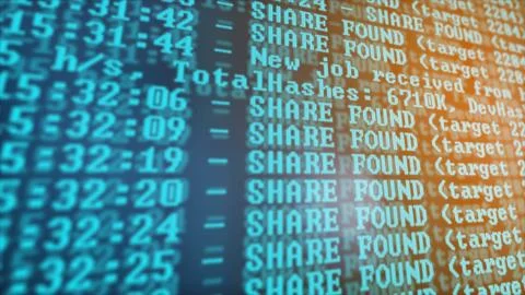 Mining Cryptocurrency process program on display PC. Using Software. Share Found Foto stock