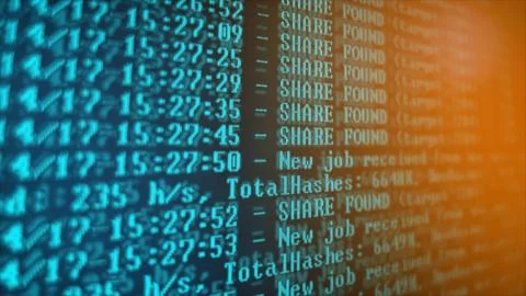 Mining Cryptocurrency process program on display PC. Using Software. Share Found Foto stock