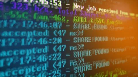 Mining Cryptocurrency process program on display PC. Using Software. Share Found Foto stock