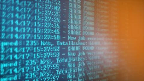 Mining Cryptocurrency process program on display PC. Using Software. Share Found Foto stock