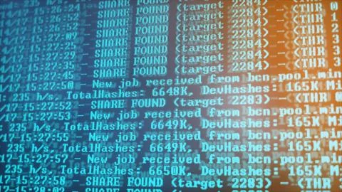 Mining Cryptocurrency process program on display PC. Using Software. Share Found Stock Photos