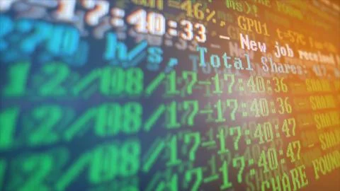 Mining Cryptocurrency process program on display PC. Using Software. Share Found Foto stock