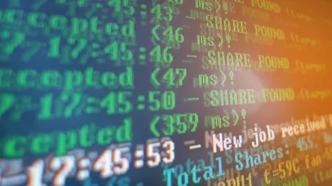 Mining Cryptocurrency process program on display PC. Using Software. Share Found Stock Photos