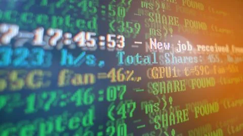 Mining Cryptocurrency process program on display PC. Using Software. Share Found Foto stock