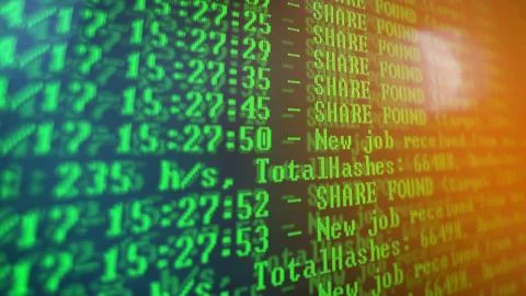 Mining Cryptocurrency process program on display PC. Using Software. Share Found Stockfoto's