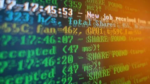 Mining Cryptocurrency process program on display PC. Using Software. Share Found Foto stock