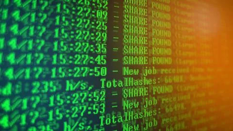 Mining Cryptocurrency process program on display PC. Using Software. Share Found 写真素材