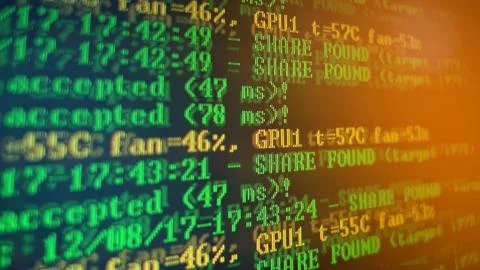 Mining Cryptocurrency process program on display PC. Using Software. Share Found Foto stock