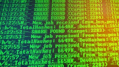 Mining Cryptocurrency process program on display PC. Using Software. Share Found 写真素材