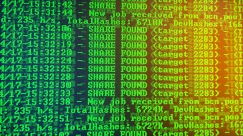 Mining Cryptocurrency process program on display PC. Using Software. Share Found 写真素材