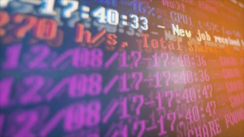 Mining Cryptocurrency process program on display PC. Using Software. Share Found 写真素材