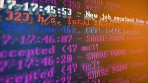 Mining Cryptocurrency process program on display PC. Using Software. Share Found Foto stock