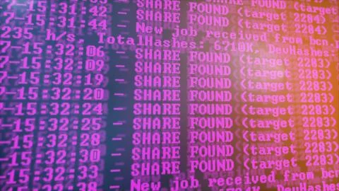 Mining Cryptocurrency process program on display PC. Using Software. Share Fo 写真素材