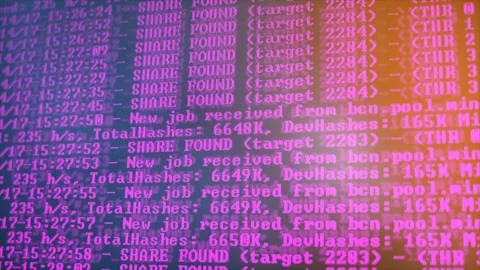 Mining Cryptocurrency process program on display PC. Using Software. Share Fo Foto stock