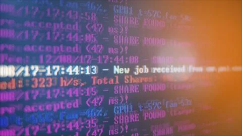 Mining Cryptocurrency process program on display PC. Using Software. Share Fo Foto stock