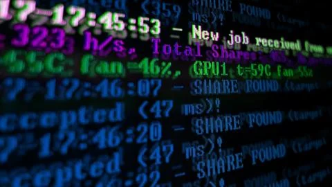 Mining Cryptocurrency process program on display PC. Using Software. Share Fo Foto stock