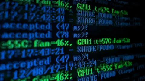 Mining Cryptocurrency process program on display PC. Using Software. Share Fo Foto stock