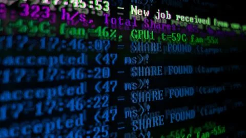 Mining Cryptocurrency process program on display PC. Using Software. Share Fo Foto stock