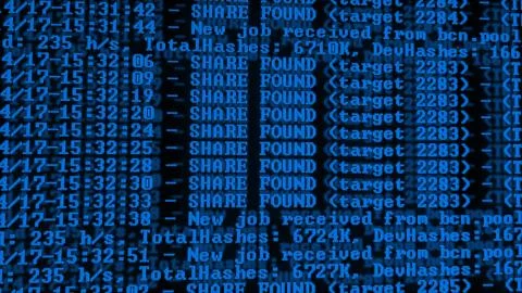 Mining Cryptocurrency process program on display PC. Using Software. Share Fo Foto stock