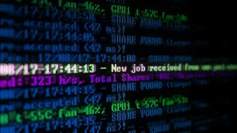 Mining Cryptocurrency process program on display PC. Using Software. Share Fo Foto stock