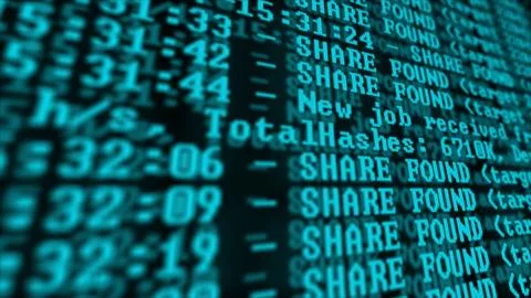 Mining Cryptocurrency process program on display PC. Using Software. Share Fo Foto stock