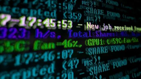 Mining Cryptocurrency process program on display PC. Using Software. Share Fo Stock Photos