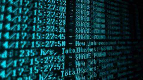 Mining Cryptocurrency process program on display PC. Using Software. Share Fo Foto stock