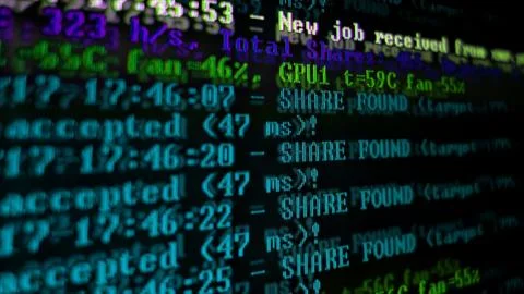 Mining Cryptocurrency process program on display PC. Using Software. Share Fo 写真素材