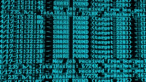 Mining Cryptocurrency process program on display PC. Using Software. Share Fo Foto stock