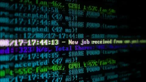 Mining Cryptocurrency process program on display PC. Using Software. Share Fo Foto stock