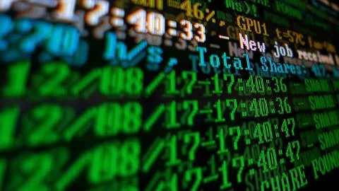 Mining Cryptocurrency process program on display PC. Using Software. Share Fo Foto stock