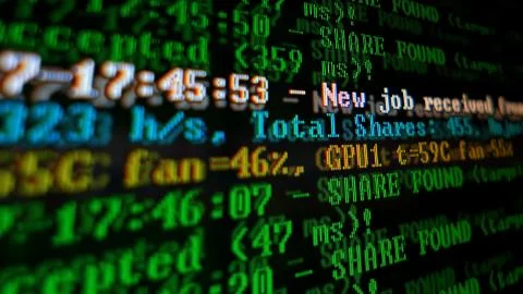 Mining Cryptocurrency process program on display PC. Using Software. Share Fo Stockfoto's