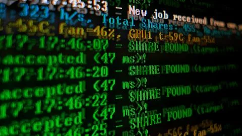 Mining Cryptocurrency process program on display PC. Using Software. Share Fo Foto stock