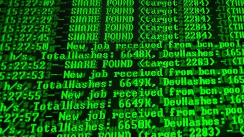 Mining Cryptocurrency process program on display PC. Using Software. Share Fo Foto stock