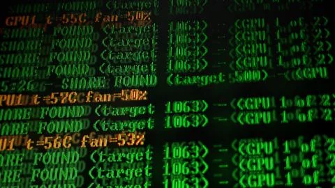 Mining Cryptocurrency process program on display PC. Using Software. Share Fo Foto stock