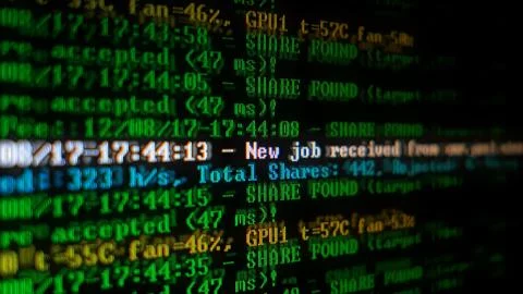 Mining Cryptocurrency process program on display PC. Using Software. Share Fo Foto stock