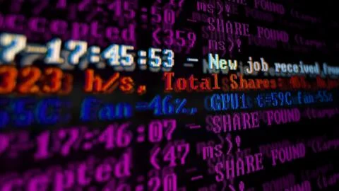 Mining Cryptocurrency process program on display PC. Using Software. Share Fo Stock Photos