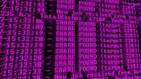 Mining Cryptocurrency process program on display PC. Using Software. Share Fo Foto stock