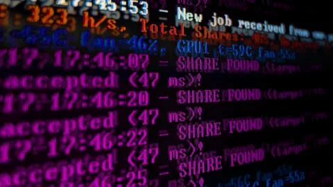 Mining Cryptocurrency process program on display PC. Using Software. Share Fo Stock Photos