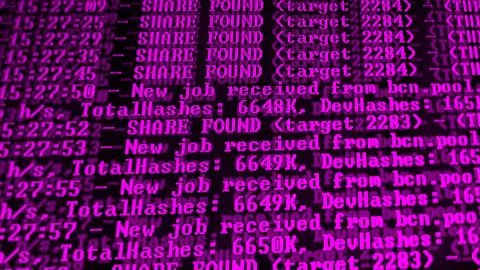 Mining Cryptocurrency process program on display PC. Using Software. Share Fo Foto stock