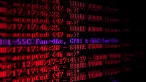 Mining Cryptocurrency process program on display PC. Using Software. Share Fo Stock Photos