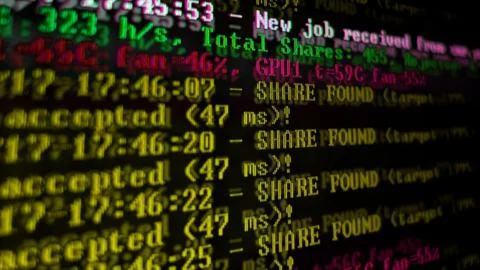 Mining Cryptocurrency process program on display PC. Using Software. Share Fo Foto stock