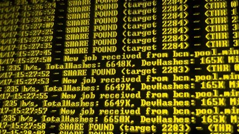 Mining Cryptocurrency process program on display PC. Using Software. Share Fo Stock Photos