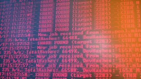 Mining Cryptocurrency process program on display PC. Using Software. Share Fo Foto stock