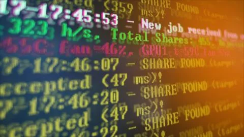 Mining Cryptocurrency process program on display PC. Using Software. Share Fo Foto stock