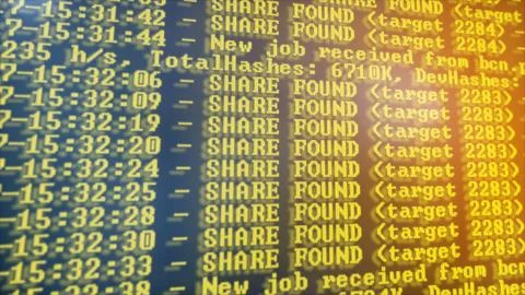 Mining Cryptocurrency process program on display PC. Using Software. Share Fo Stock Photos